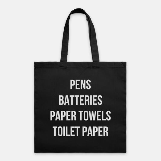 Pens Batteries Paper Towels Toilet Paper Tote Bag (Black)